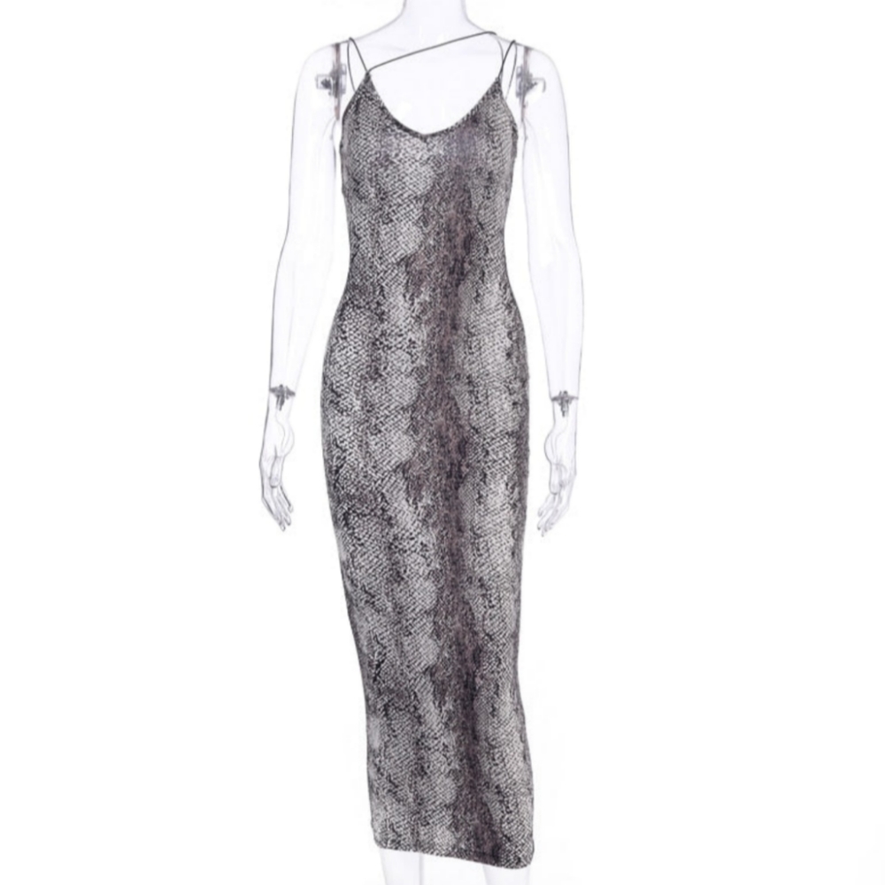 Snake Print Strappy Midi Bodycon Dress